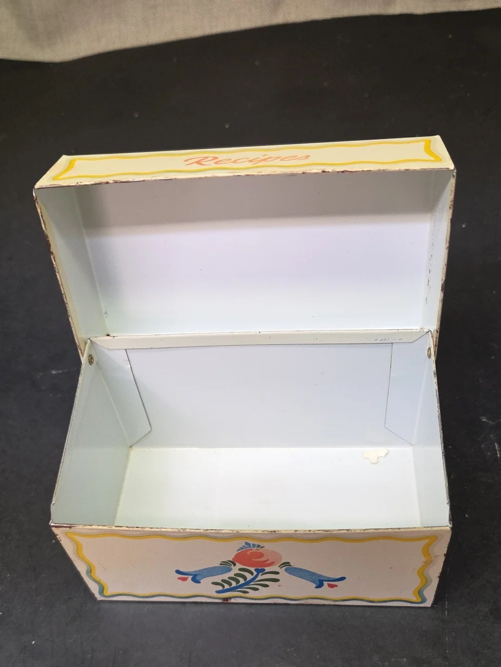 Vtg 1960s Ohio Art Co. Tin Recipe Box Folk Art Floral , Blue Metal Napkin Holder